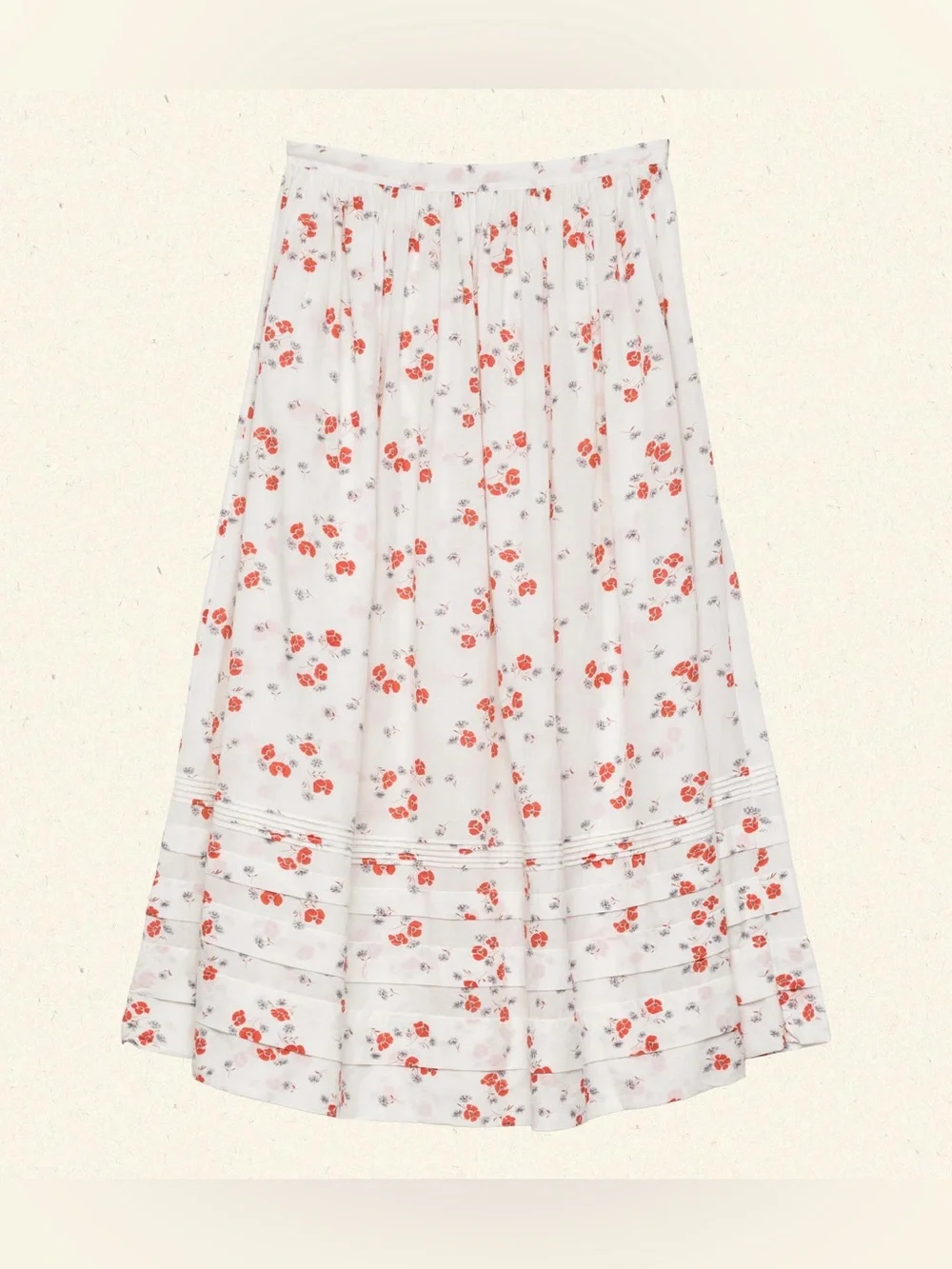 Doen Marcie Cotton Pintuck A Line Midi Maxi Skirt Poppy Fields White Red Floral